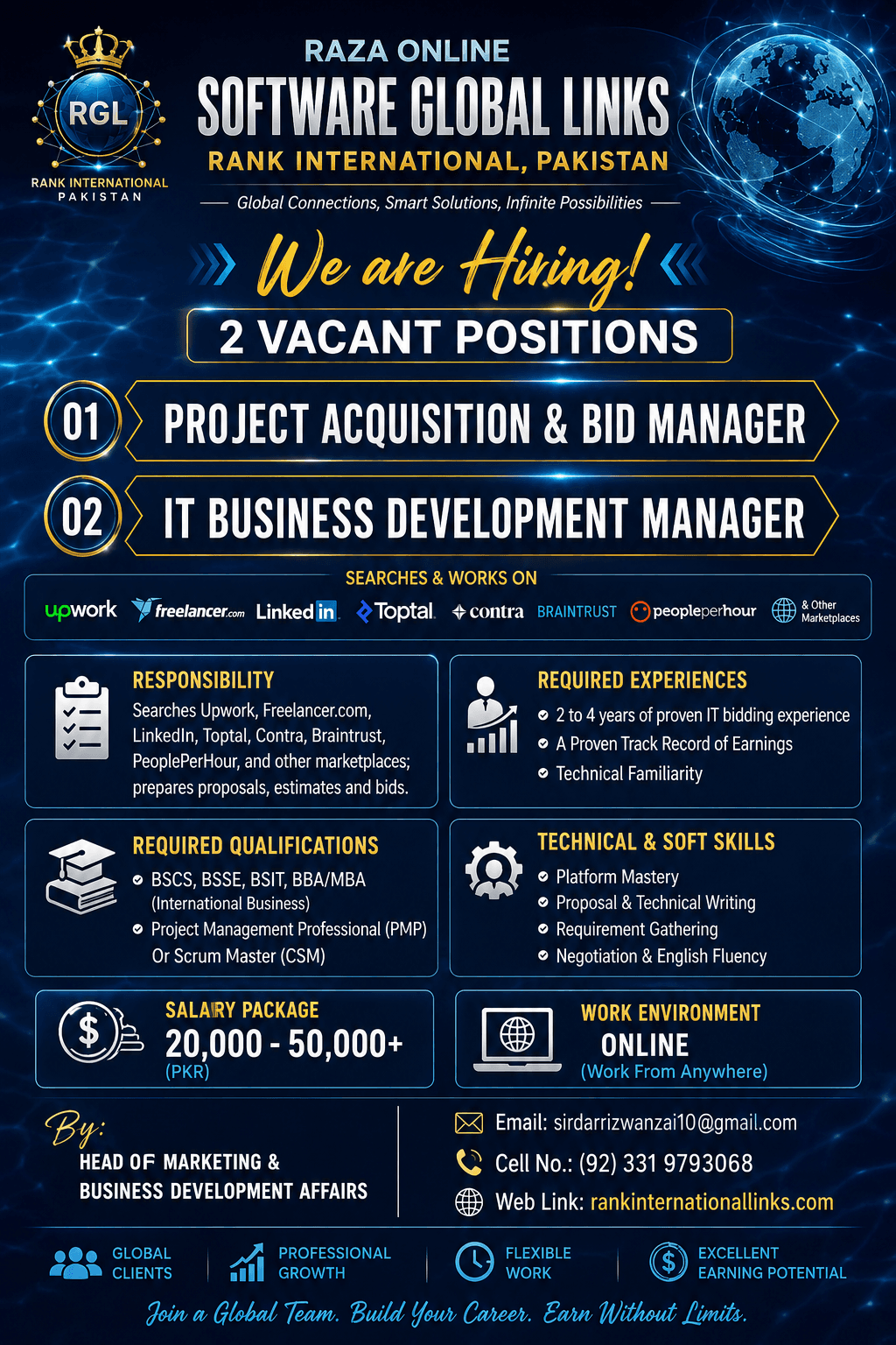 Project Acquisition and Bid Manager job advertisement by Rank International Links Pakistan